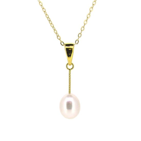 Wholesale Gold Plated Sterling Silver White Freshwater Pearl Dangle Pendant Necklace-16"
