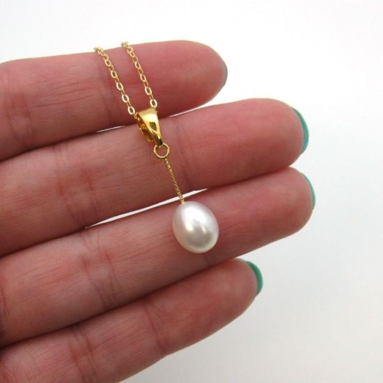 Wholesale Gold Plated Sterling Silver White Freshwater Pearl Dangle Pendant Necklace-16"