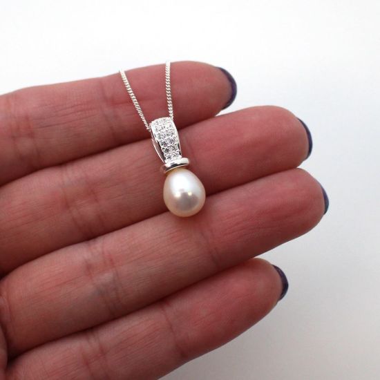 Wholesale Sterling Silver and CZ Stone White Freshwater Pearl Drop Pendant Necklace-18"