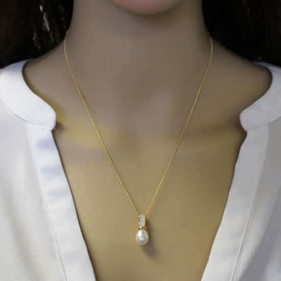 Wholesale Gold Plated Sterling Silver and CZ Stone White Freshwater Pearl Drop Pendant Necklace-18"