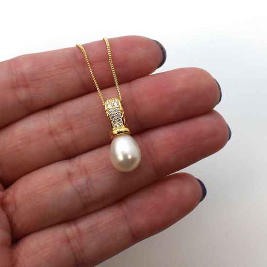 Wholesale Gold Plated Sterling Silver and CZ Stone White Freshwater Pearl Drop Pendant Necklace-18"
