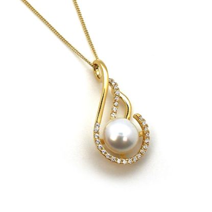 Wholesale Gold Plated Sterling Silver and CZ Stone Fancy Teardrop Pendant with White Freshwater Pearl Necklace-18"