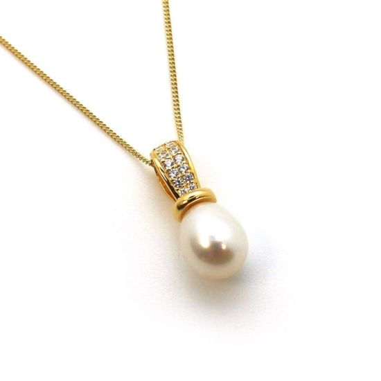 Wholesale Gold Plated Sterling Silver and CZ Stone White Freshwater Pearl Drop Pendant Necklace-18"