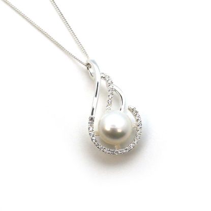 Wholesale Sterling Silver and CZ Stone Fancy Teardrop Pendant with White Freshwater Pearl Necklace-18"