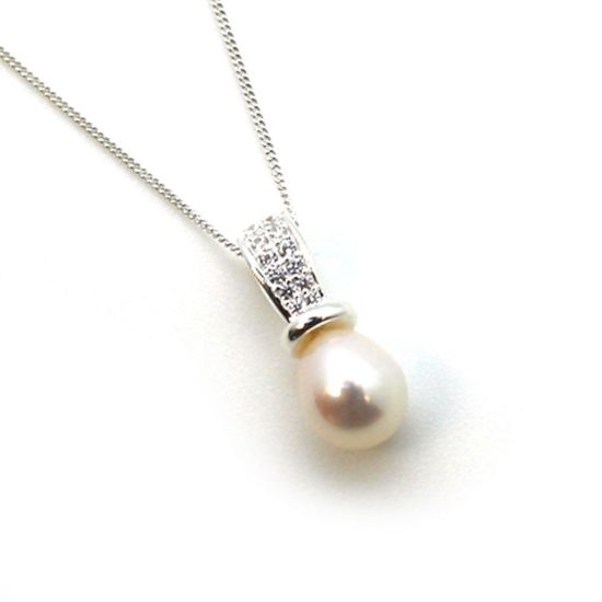 Wholesale Sterling Silver and CZ Stone White Freshwater Pearl Drop Pendant Necklace-18"