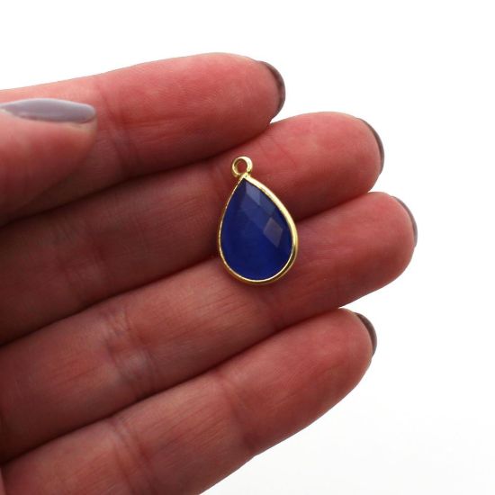 Wholesale Bezel Gemstone Pendant - Gold Plated Sterling Silver Gemstone 10x14mm Faceted Small Teardrop - Blue Monalisa