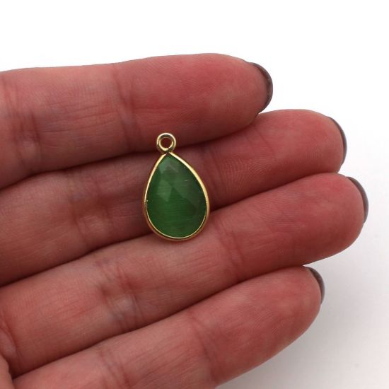 Wholesale Bezel Gemstone Pendant - Gold Plated Sterling Silver Gemstone 10x14mm Faceted Small Teardrop - Green Monalisa