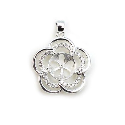 Wholesale Sterling Silver and CZ Stone Fancy Flower Pearl Cup Bail for Half-Drilled Pearls