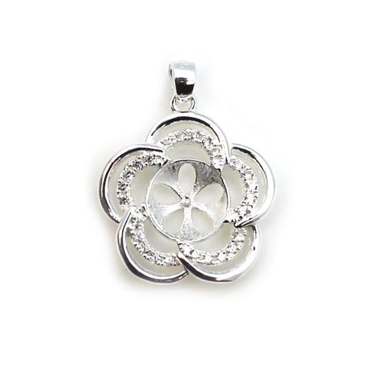 Wholesale Sterling Silver and CZ Stone Fancy Flower Pearl Cup Bail for Half-Drilled Pearls