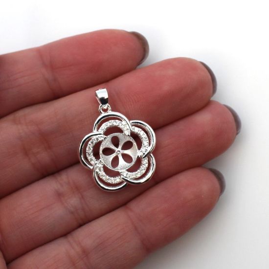 Wholesale Sterling Silver and CZ Stone Fancy Flower Pearl Cup Bail for Half-Drilled Pearls