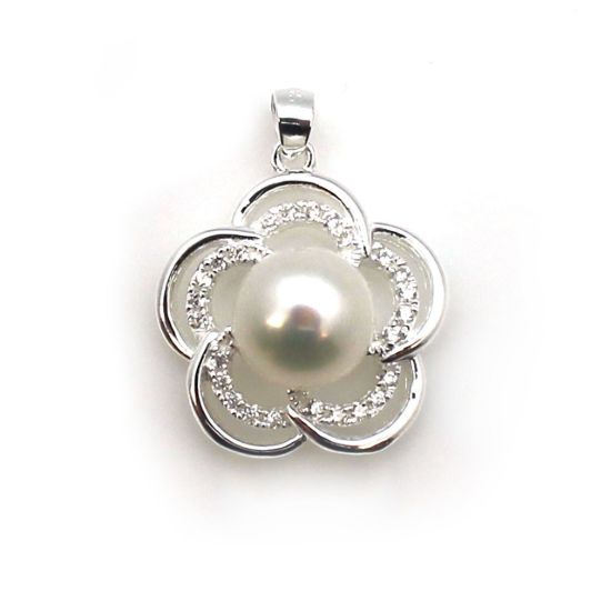 Wholesale Sterling Silver and CZ Stone Fancy Flower Pearl Cup Bail for Half-Drilled Pearls