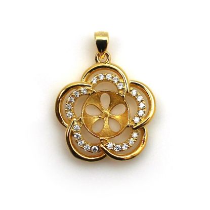 Wholesale Gold Plated Sterling Silver and CZ Stone Fancy Flower Pearl Cup Bail for Half-Drilled Pearls