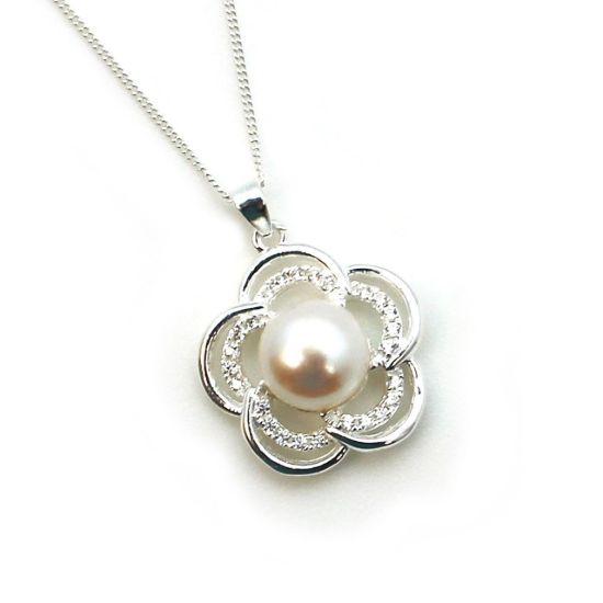 Wholesale Sterling Silver and CZ Stone White Freshwater Pearl Flower Pendant Necklace-18"