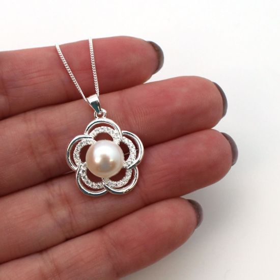Wholesale Sterling Silver and CZ Stone White Freshwater Pearl Flower Pendant Necklace-18"