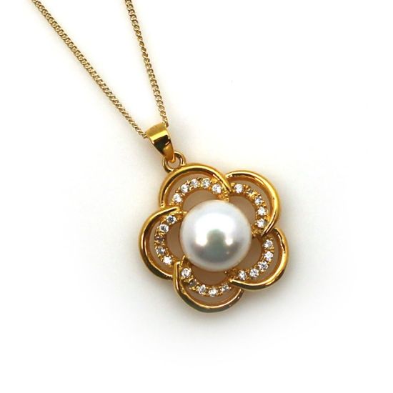 Wholesale Gold Plated Sterling Silver and CZ Stone White Freshwater Pearl Flower Pendant Necklace-18"
