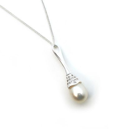 Wholesale Sterling Silver and CZ Stone White Freshwater Pearl Long Decorated Bell Pendant Necklace-18"
