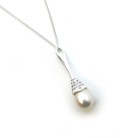 Wholesale Sterling Silver and CZ Stone White Freshwater Pearl Long Decorated Bell Pendant Necklace-18"