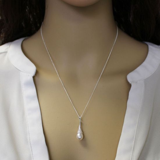 Wholesale Sterling Silver and CZ Stone White Freshwater Pearl Long Decorated Bell Pendant Necklace-18"