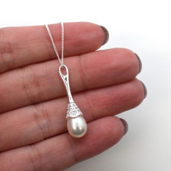 Wholesale Sterling Silver and CZ Stone White Freshwater Pearl Long Decorated Bell Pendant Necklace-18"