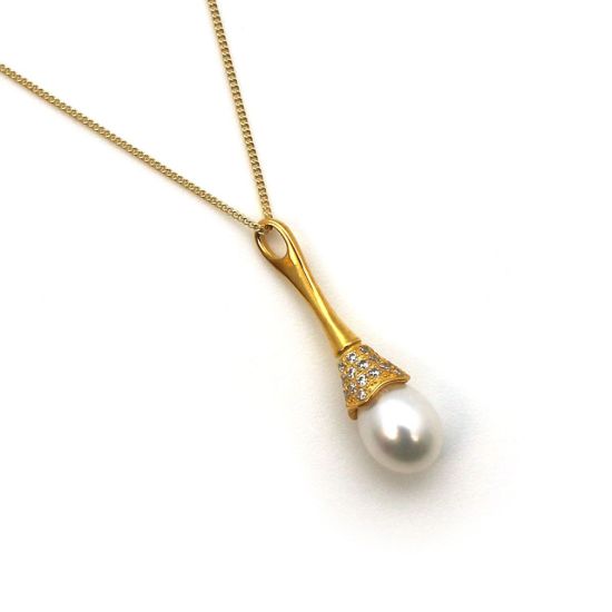 Wholesale Gold Plated Sterling Silver and CZ Stone White Freshwater Pearl Long Decorated Bell Pendant Necklace-18"