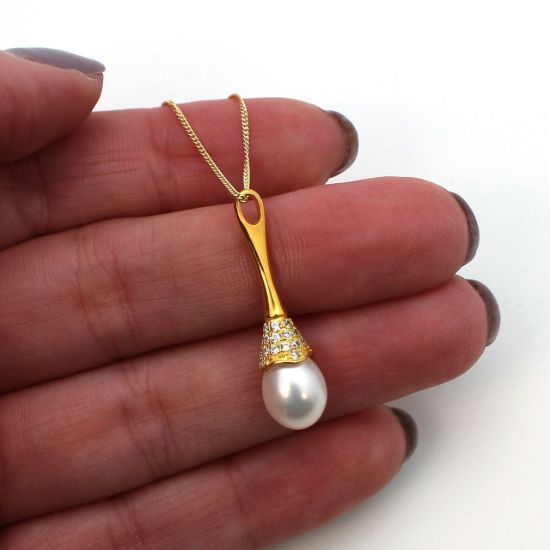 Wholesale Gold Plated Sterling Silver and CZ Stone White Freshwater Pearl Long Decorated Bell Pendant Necklace-18"