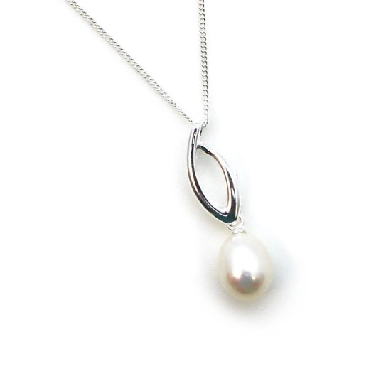 Wholesale Sterling Silver Flame Pendant with White Freshwater Pearl Necklace-18"