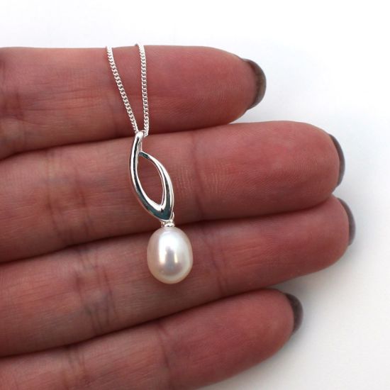Wholesale Sterling Silver Flame Pendant with White Freshwater Pearl Necklace-18"