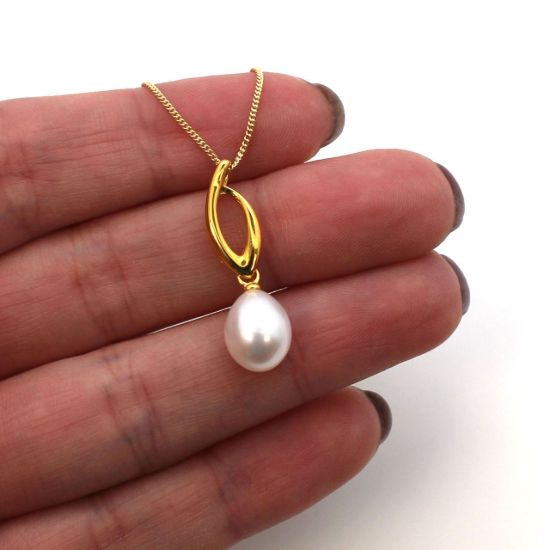Wholesale Gold Plated Sterling Silver Flame Pendant with White Freshwater Pearl Necklace-18"