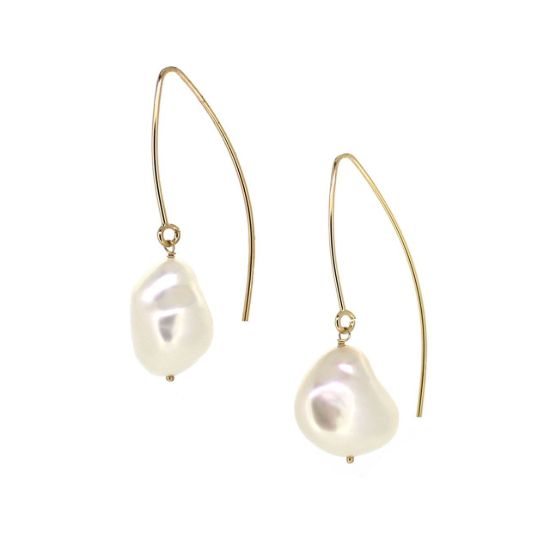 Wholesale 14K Yellow Gold Marquise White Baroque Freshwater Pearl Earrings