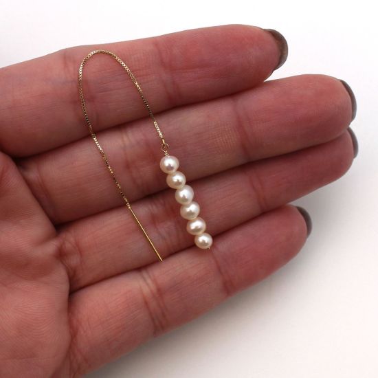 Wholesale 14K Yellow Gold White Freshwater Pearl Stacked Threader Earrings