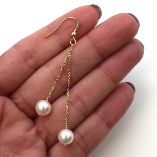 Wholesale 14K Yellow Gold White Akoya Pearl Dangle Earrings