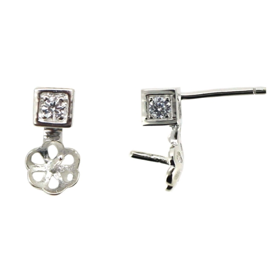 Wholesale Sterling Silver Earring Findings, Square CZ Stone Studs with Drop Pearl Cup and Peg, Bridal Earrings (Sold per pair)