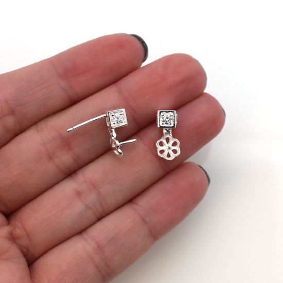 Wholesale Sterling Silver Earring Findings, Square CZ Stone Studs with Drop Pearl Cup and Peg, Bridal Earrings (Sold per pair)