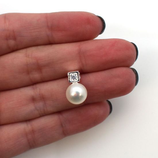 Wholesale Sterling Silver Earring Findings, Square CZ Stone Studs with Drop Pearl Cup and Peg, Bridal Earrings (Sold per pair)