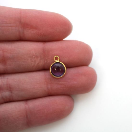 Wholesale Bezel Charm Pendant - Gold Plated Sterling Silver Charm - Natural Amethyst -Tiny Round Shape