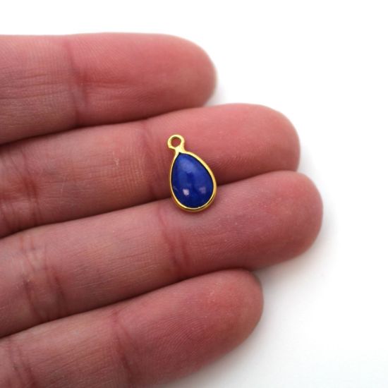 Wholesale Bezel Charm Pendant - Gold Plated Sterling Silver Charm - Natural Lapis Lazuli -Tiny Teardrop Shape