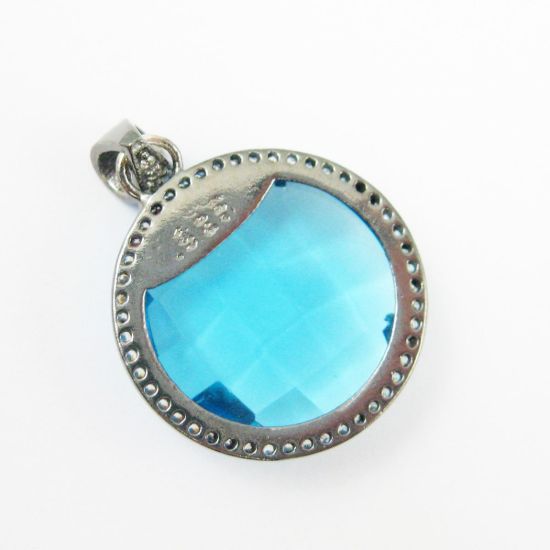 Wholesale Oxidized Sterling Silver Pave Bezel Gemstone Pendant - Cubic Zirconia Pave Setting - Round Shape Faceted Stone-Blue Topaz