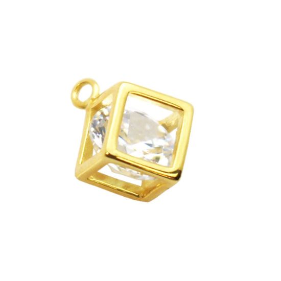 Wholesale Gold plated Sterling Silver Cube Charm with CZ Cubic Zirconia Stone, Charms and Pendants for Jewelry Making, Wholesale Findings