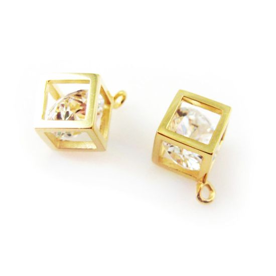 Wholesale Gold plated Sterling Silver Cube Charm with CZ Cubic Zirconia Stone, Charms and Pendants for Jewelry Making, Wholesale Findings