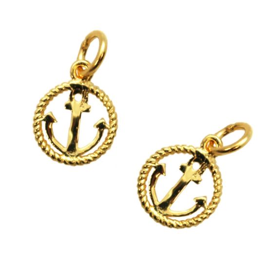 Wholesale 22K Gold Over 925 Sterling Silver Round Rope and Anchor Nautical Charm - 8mm (1 pc)