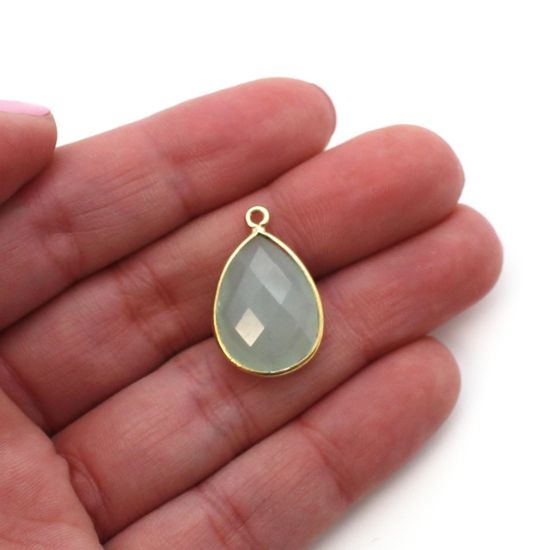 Wholesale Gold plated Sterling Silver Teardrop Bezel Aqua Chalcedony Gemstone Pendant, Wholesale Gemstone Pendants for Jewelry Making
