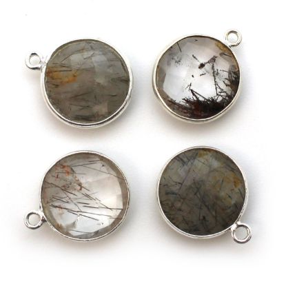 Wholesale Sterling Silver Round Bezel Black Rutilated Quartz Gemstone Pendant, Wholesale Gemstone Pendants for Jewelry Making