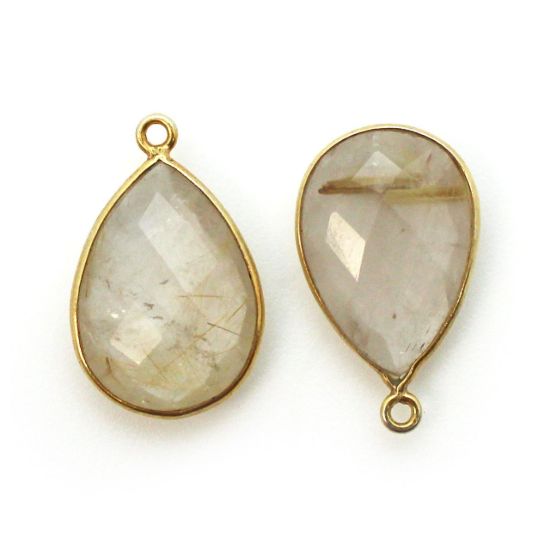 Wholesale Bezel Gemstone Pendant - Gold plated Bezel- 13x18mm Faceted Pear Shape - Gold Rutilated Quartz