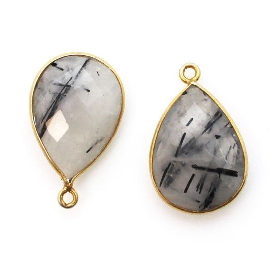 Wholesale Bezel Gemstone Pendant - Gold plated Bezel- 13x18mm Faceted Pear Shape - Black Rutilated Quartz