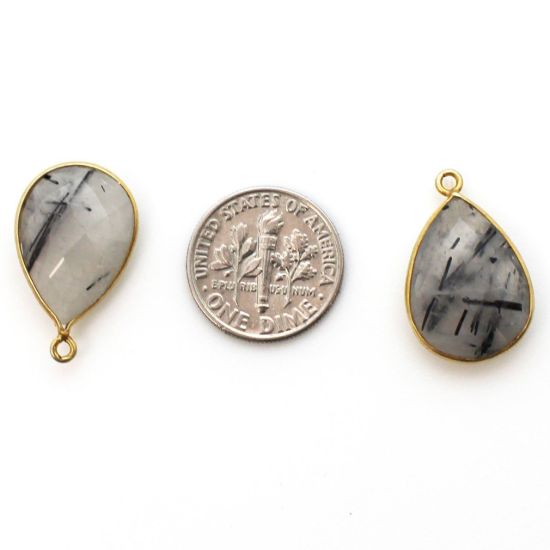 Wholesale Bezel Gemstone Pendant - Gold plated Bezel- 13x18mm Faceted Pear Shape - Black Rutilated Quartz
