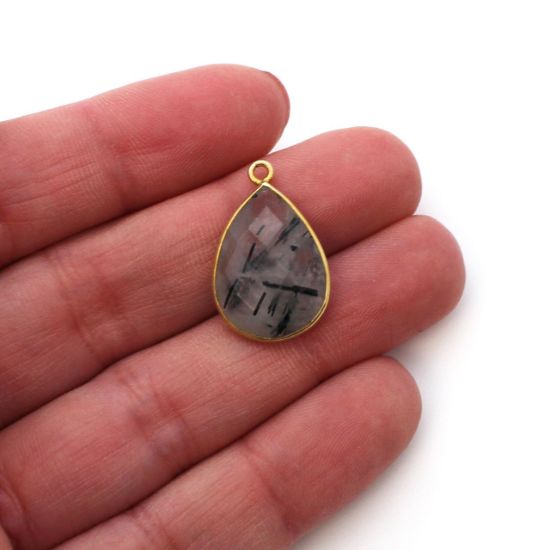 Wholesale Bezel Gemstone Pendant - Gold plated Bezel- 13x18mm Faceted Pear Shape - Black Rutilated Quartz