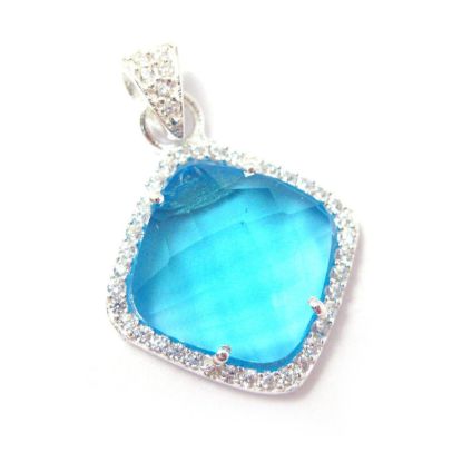 Wholesale Oxidized Sterling Silver Blue Topaz Quartz Bezel Gemstone Diamond Shape Pave Pendant, Wholesale Gemstone Pendants for Jewelry Making