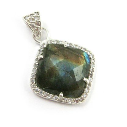 Wholesale Oxidized Sterling Silver Labradorite Bezel Gemstone Diamond Shape Pave Pendant, Wholesale Gemstone Pendants for Jewelry Making