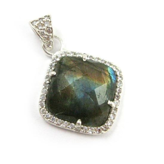 Wholesale Oxidized Sterling Silver Labradorite Bezel Gemstone Diamond Shape Pave Pendant, Wholesale Gemstone Pendants for Jewelry Making