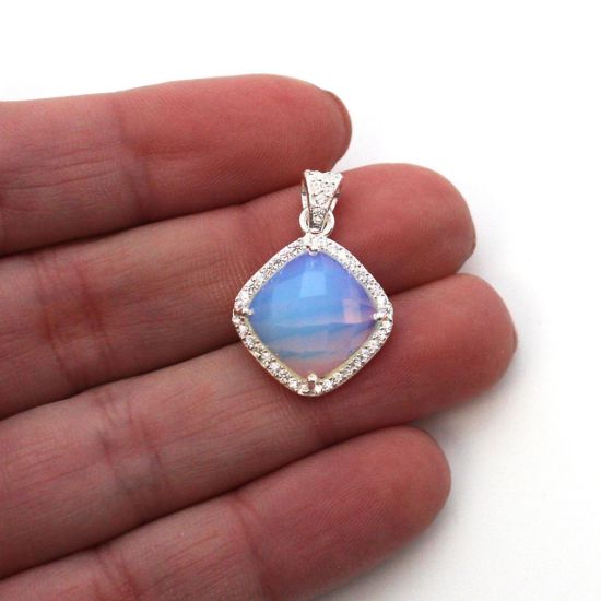 Wholesale Oxidized Sterling Silver Opalite Quartz Bezel Gemstone Diamond Shape Pave Pendant, Wholesale Gemstone Pendants for Jewelry Making